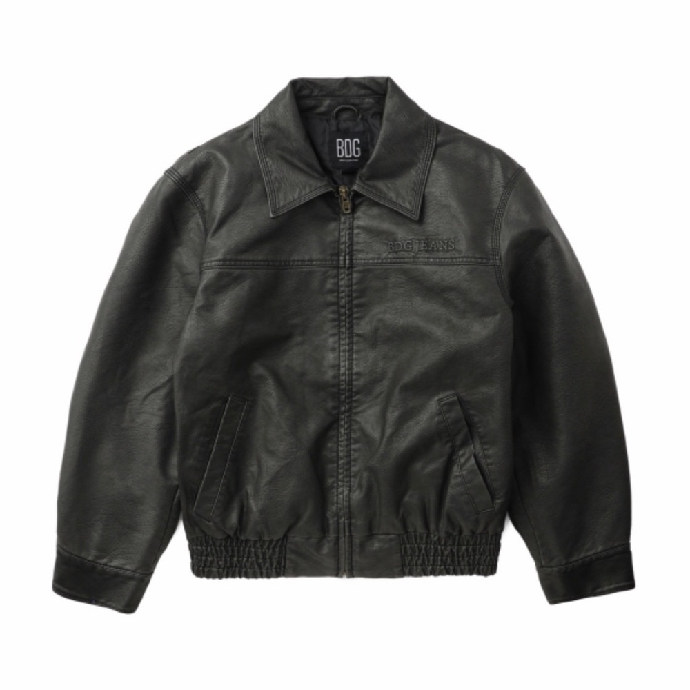 BDG Black Leather Bomber Jacket - Men's Classic Zip